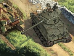 1boy balkenkreuz commentary_request cross debris dirt_road goggles goggles_on_headwear grass helmet jerry_can m4_sherman m4a3e8 mikado_(winters) military military_vehicle motor_vehicle original radio road tank wall world_war_ii