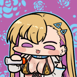 1girl amesuku_gyaru blonde_hair blush_stickers boryeon_(last_origin) breasts chibi choker colored_inner_hair earrings gyaru hair_ornament hairclip jazz_jack jewelry kogal large_breasts last_origin lowres lubrication mole mole_on_breast multicolored_hair purple_eyes purple_hair simple_background snow_leopard_boy solo_focus tongue tongue_out