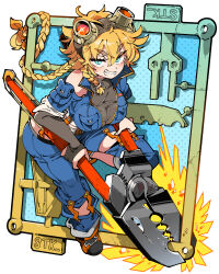 Rule 34 | 1girl, bare shoulders, blonde hair, blue eyes, blush, braid, breasts, clenched teeth, gloves, goggles, goggles on head, grin, hair between eyes, hair ornament, holding pliers, kafun, large breasts, leg up, original, oversized object, partially fingerless gloves, pliers, pocket, satsuki-chan (vtuber), smile, solo, teeth, thick eyebrows, v-shaped eyebrows, wrench hair ornament