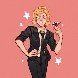 1girl alcohol amphibia black_pants blonde_hair cup dress_shirt drinking_glass earrings esther980174 grin hand_on_own_hip highres holding holding_cup jacket jewelry looking_afar necktie pants pink_background ponytail sasha_waybright shirt smile standing star_(symbol) teeth tuxedo wine wine_glass