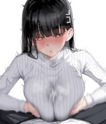 1boy 1girl absurdres black_hair blue_archive blush bouncing_breasts breasts breasts_squeezed_together bright_pupils commentary_request grabbing_own_breast hair_ornament hairpin heavy_breathing hetero highres large_breasts long_hair nose_blush paizuri paizuri_under_clothes pov red_eyes rio_(blue_archive) shirt simple_background sweater turtleneck turtleneck_sweater tuubwhy very_long_hair white_background white_pupils white_shirt white_sweater