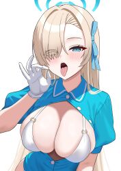 1girl absurdres asuna_(blue_archive) bikini blonde_hair blue_archive blue_eyes blue_halo blue_ribbon blue_shirt blush breasts cleavage ego_121224 eyes_visible_through_hair fellatio_gesture gloves hair_over_one_eye hair_ribbon halo highres large_breasts long_hair open_clothes open_mouth open_shirt ribbon shirt solo swimsuit tongue tongue_out very_long_hair white_bikini white_gloves