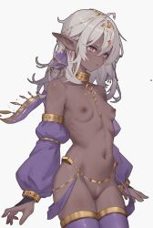 1girl absurdres arabian_clothes armlet breasts dancer dark_elf dark_skin earrings elf female_pubic_hair gem gold_trim harem_outfit head_chain highres jewelry long_hair long_sleeves neck_ring nipples nude original pointy_ears pubic_hair puffy_long_sleeves puffy_sleeves pussy red_eyes revealing_clothes simple_background skinny small_breasts solo sparse_pubic_hair thighhighs thighs txooxt white_background white_hair white_pubic_hair