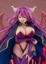 1girl :d absurdres alma_elma animal_ears apron arm_under_breasts black_corset black_dress black_panties bookmark boots breasts bridal_gauntlets cleavage cloak commentary_request cool-kyou_shinja corset cowboy_shot demon_girl demon_horns demon_tail demon_wings dress facial_tattoo fangs figure fingernails grey_horns hair_between_eyes half-closed_eyes hand_on_own_thigh highleg highleg_panties highres horns large_breasts leg_tattoo long_hair looking_at_viewer mon-musu_quest! naughty_face navel official_art open_mouth panties photo_(medium) pink_tail pink_wings promotional_art purple_boots purple_bridal_gauntlets purple_hair red_eyes second-party_source simple_background slit_pupils smile solo tail tattoo thigh_boots thighhighs tongue tongue_out underwear very_long_hair wide_hips wind wings