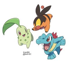 artist_name blue_skin brown_fur chikorita colored_skin gen_2_pokemon gen_5_pokemon green_skin kochi8i looking_at_another nintendo no_humans open_mouth pokemon pokemon_(creature) simple_background tepig totodile two-tone_fur white_background