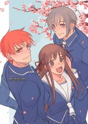1girl 2boys blue_jacket blue_pants blue_shirt blue_skirt blush brown_eyes brown_hair cherry_blossoms collar fruits_basket grey_eyes grey_hair hair_ribbon honda_tooru jacket long_hair long_sleeves lstrikesart matching_hair/eyes multiple_boys open_mouth pants red_eyes red_hair ribbon school_uniform shirt short_hair skirt smile sohma_kyou sohma_yuki upper_body white_collar white_tie