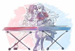 2girls ascot bang_dream! bang_dream!_it&#039;s_mygo!!!!! black_ascot black_gloves black_necktie black_ribbon black_skirt black_socks blue_background blue_hair bow_hairband brown_hair crossover dress earrings ebizuka_tomo eye_contact fang girls_band_cry gloves hair_ribbon hairband highres instrument jewelry keyboard_(instrument) kneehighs long_hair looking_at_another medium_hair multiple_girls necktie oblivionis_(bang_dream!) open_mouth pink_background red_shirt ribbon shirt shouting skirt socks standing togawa_sakiko tomare_(akashingou) two_side_up white_background white_dress yellow_eyes