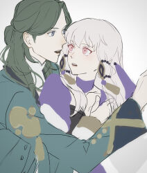 0_ebj 1boy 1girl blue_eyes coat commentary_request couple detached_collar dress fire_emblem fire_emblem:_three_houses from_side green_coat green_hair grey_background hair_between_eyes hand_on_own_chest hetero hug hug_from_behind leaning_back leaning_forward leaning_on_person linhardt_von_hevring linhardt_von_hevring_(timeskip) long_hair long_sleeves looking_to_the_side looking_up lysithea_von_ordelia lysithea_von_ordelia_(timeskip) nintendo open_mouth parted_bangs pink_eyes purple_dress purple_hair purple_veil sidelocks simple_background sketch unfinished upper_body veil wide_sleeves