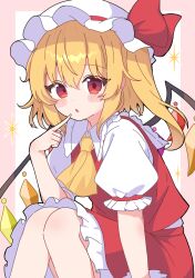 1girl absurdres ascot blonde_hair blush_stickers border collar commentary crystal_wings finger_to_mouth flandre_scarlet frilled_collar frilled_skirt frills hat hat_ribbon highres long_hair looking_at_viewer masakamea mob_cap multicolored_wings open_mouth pink_border puffy_short_sleeves puffy_sleeves red_eyes red_ribbon red_vest ribbon shirt short_sleeves side_ponytail sitting skirt sparkle touhou vest white_collar white_hat white_shirt wings yellow_ascot