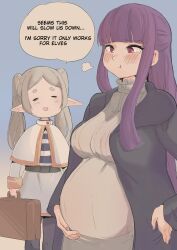 2girls :t ^_^ absurdres black_robe breasts briefcase cafin capelet chibi closed_eyes commentary commission cut_bangs dress earrings elf english_commentary english_text female_focus fern_(sousou_no_frieren) floating_earring frieren grey_hair hand_on_own_stomach highres holding holding_briefcase jewelry large_breasts long_hair multiple_girls pointy_ears pout pregnant purple_eyes purple_hair robe short_eyebrows sousou_no_frieren speech_bubble standing straight_hair twintails very_long_hair white_capelet white_dress