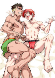 Rule 34 | 10s, 2boys, akabane karma, ansatsu kyoushitsu, ass, bulge, crotch, food, lying, male focus, multiple boys, nipples, red hair, rinoko, topless male, smile, sweat, tagme, terasaka ryouma, underwear, yellow eyes