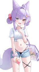 1girl absurdres blue_eyes blush cone_hair_bun fang fox_girl fox_tail hair_bun hair_ornament heterochromia highres luffy_(1uffy) navel pom_pom_(clothes) pom_pom_hair_ornament purple_hair purple_tail simple_background skin_fang solo stellive sweatdrop tail tenko_shibuki virtual_youtuber white_background yellow_eyes