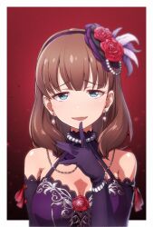 Rule 34 | 1girl, black gloves, blue eyes, brown hair, choker, commentary, earrings, flower, gloves, hair flower, hair ornament, hairband, heart, heart-shaped pupils, highres, idolmaster, idolmaster cinderella girls, jewelry, kakaobataa, long hair, looking at viewer, love destiny (idolmaster), purple hairband, ribbon, rose, sakuma mayu, solo, symbol-shaped pupils, teardrop earrings, upper body
