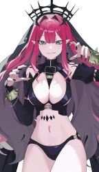 Rule 34 | 1girl, absurdres, baobhan sith (fate), baobhan sith (second ascension) (fate), black panties, bracelet, breasts, detached sleeves, earrings, eimizzzzz, fate/grand order, fate (series), grey eyes, hands up, highres, hoop earrings, jewelry, long hair, looking at viewer, navel, panties, pink hair, pointy ears, revealing clothes, sidelocks, simple background, smile, solo, spiked bracelet, spikes, underwear, veil, white background