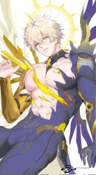 1boy abs alternate_form asymmetrical_wings bare_pectorals black_shirt black_wings blonde_hair bulge chinese_commentary commentary commentary_request cowboy_shot cracked_skin english_commentary hair_between_eyes halo halo_behind_head highres honkai:_star_rail honkai_(series) large_pectorals looking_at_viewer male_focus material_growth mixed-language_commentary muscular muscular_male pectorals phainon_(honkai:_star_rail) rai11iy shirt short_hair simple_background solo torn_clothes torn_shirt white_background wings yellow_blood yellow_eyes yellow_wings