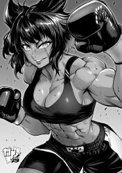 1girl abs absurdres animal_ears boxing boxing_gloves boxing_shorts breasts cat_ears cleavage ericmartindood greyscale highres lips looking_at_viewer midriff monochrome muscular muscular_female original scar scar_on_face shorts smile solo sports_bra v-shaped_eyebrows