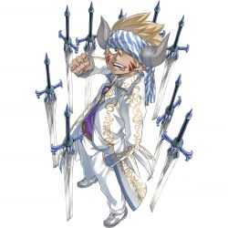 Rule 34 | 1boy, allen (gate of nightmares), belt, blonde hair, brown belt, clenched hand, coat, facial mark, from above, gate of nightmares, hand in pocket, hand tattoo, highres, horns, long coat, looking at viewer, mashima hiro, multiple swords, official alternate costume, official art, one eye closed, open clothes, open coat, open mouth, pants, print coat, purple shirt, shirt, shoes, short hair, simple background, solo, spiked hair, standing, sword, tattoo, teeth, tongue, tongue out, transparent background, weapon, white coat, white pants, white shoes