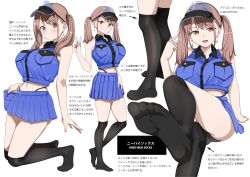 1girl :d black_panties black_socks blue_shirt blue_skirt blush breast_pocket breasts brown_hair collared_shirt earrings full_body jewelry kneehighs kuro_(toi_et_moi) looking_at_viewer medium_breasts nail_polish navel open_mouth original panties panty_straps pleated_skirt pocket reference_sheet shirt simple_background skirt sleeveless smile socks twintails underwear v visor_cap white_background