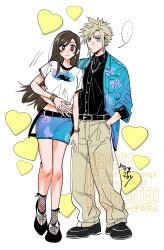 ... 1boy 1girl alternate_costume animal_print arm_around_waist baggy_pants bare_legs belt black_hair black_shirt black_shoes blonde_hair blue_eyes blue_shirt blue_skirt bracelet casual closed_mouth cloud_strife collared_shirt commentary_request dolphin ear_piercing earrings final_fantasy final_fantasy_vii fishnet_socks fishnets full_body hand_in_pocket heart highres jewelry leaning_to_the_side long_hair looking_at_viewer midriff_peek miniskirt mrg2by navel necklace open_clothes open_shirt pants piercing print_shirt red_eyes shirt shoes short_hair single_earring skirt smile socks spiked_hair spoken_ellipsis tifa_lockhart white_shirt