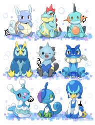;d animal_focus blue_eyes brionne brown_eyes closed_mouth croconaw dewott drizzile fang fangs frogadier gen_1_pokemon gen_2_pokemon gen_3_pokemon gen_4_pokemon gen_5_pokemon gen_6_pokemon gen_7_pokemon gen_8_pokemon half-closed_eyes highres looking_at_viewer marshtomp nintendo no_humans one_eye_closed open_mouth orange_eyes pokemon pokemon_(creature) prinplup quaxwell red_eyes saki_pokeoekaki simple_background sitting smile unown unown_! unown_i unown_m unown_u unown_z wartortle waving white_background