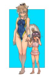 2girls animal_ears aqua_background barefoot bikini bikini_skirt blue_one-piece_swimsuit breasts brown_hair cb_(c-board) commentary_request competition_swimsuit dog_ears dog_girl dog_tail frilled_bikini frills full_body goggles goggles_on_head hair_between_eyes highleg highleg_swimsuit highres holding_hands long_hair lost_child medium_breasts multiple_girls navel one-piece_swimsuit original ponytail side-tie_bikini_bottom swimsuit tail thigh_gap yellow_eyes