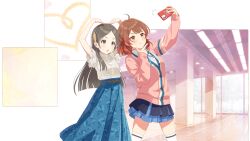 2girls arms_up belt brown_eyes brown_hair cardigan cellphone floral_print forehead gakuen_idolmaster game_cg hair_ornament hanami_ume heart high-waist_skirt holding idolmaster kuramoto_china layered_skirt long_skirt multicolored_hair multiple_girls neck_ribbon official_art open_mouth phone pillar pink_cardigan red_hair ribbon school_uniform selfie shirt skirt smartphone thighhighs white_shirt white_thighhighs