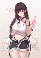 1girl absurdres alternate_costume belt black_shorts blunt_bangs bottle bra_strap breasts brown_hair casual chinese_commentary cleavage cleavage_cutout clothing_cutout collarbone commentary_request cowboy_shot crop_top eouhs hair_ornament hairclip heart heart_in_eye highleg highleg_panties highres holding holding_bottle large_breasts long_hair looking_at_viewer midriff navel off-shoulder_shirt off_shoulder open_belt open_fly panties parted_lips pink_eyes shirt short_shorts short_sleeves shorts sidelocks single_bare_shoulder smile snowbreak:_containment_zone solo spoken_heart standing symbol_in_eye underwear white_belt white_shirt yao_(snowbreak)