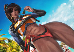 Rule 34 | 2girls, abs, absurdres, blonde hair, dark-skinned female, dark skin, day, eye of horus, facial mark, facial tattoo, from below, highleg, highleg one-piece swimsuit, highres, holding, holding removed eyewear, jetpack, lifeguard, lifeguard pharah, looking at viewer, mercy (overwatch), monori rogue, multiple girls, muscular, muscular female, official alternate costume, one-piece swimsuit, overwatch, overwatch 1, pharah (overwatch), ponytail, red one-piece swimsuit, solo focus, summer, sunglasses, sunglasses removed, swimsuit, tattoo, thighs, unworn eyewear