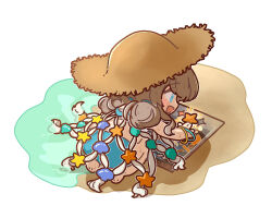 1girl :d beach blue_eyes blue_shorts bracelet brown_hair brown_hat card chibi fishnet_dress full_body hat highres holding holding_star jewelry kneeling marcus_(on_the_white_sand)_(reverse:1999) marcus_(reverse:1999) nijiiro_diary official_alternate_costume open_mouth reverse:1999 sand shell shorts smile solo star_(symbol) starfish straw_hat very_low_bun water white_background