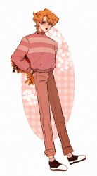 Rule 34 | 1970s (style), 1boy, aged down, bad id, bad pixiv id, bishounen, blonde hair, bouquet, dio brando, flower, full body, holding, holding flower, jojo no kimyou na bouken, looking at viewer, oldschool, phantom blood, retro artstyle, smile, sweater