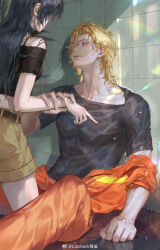 1boy 1girl aqua_eyes bare_shoulders belt black_belt black_hair black_shirt blonde_hair brown_shorts catshark_maosha chinese_commentary closed_mouth collarbone covered_face crop_top curtained_hair feet_out_of_frame heroine_(lovebrush_chronicles) hetero highres holding_another&#039;s_wrist indoors jumpsuit jumpsuit_around_waist kneeling lars_rorschach leg_between_thighs lips long_hair looking_at_another looking_up lovebrush_chronicles midriff off-shoulder_shirt off_shoulder on_floor orange_jumpsuit parted_bangs plant shadow shirt short_hair short_sleeves shorts sitting smile tight_clothes tight_shirt tile_wall tiles toned toned_male water_drop watermark weibo_watermark wet wet_clothes wet_hair wet_shirt
