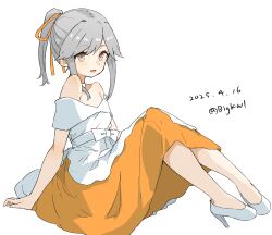 Rule 34 | 1girl, absurdres, bigkwl, brown eyes, dated, dress, full body, grey hair, hair ribbon, highres, kantai collection, layered dress, long hair, one-hour drawing challenge, orange ribbon, ponytail, ribbon, simple background, sitting, solo, twitter username, two-tone dress, usugumo (anniversary) (kancolle), usugumo (kancolle), white background, white dress