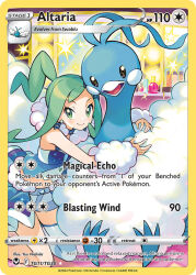 1girl altaria aqua_eyes aqua_hair artist_name blush bottle card_(medium) character_name closed_mouth company_name copyright_name copyright_notice earrings english_text eyelashes gen_3_pokemon hug idol_clothes jewelry kneeling lisia_(pokemon) long_hair mirror nintendo nishida_yuu official_art open_mouth perfume_bottle pokemon pokemon_(creature) pokemon_card pokemon_oras pokemon_tcg ponytail smile sparkle swablu third-party_source trading_card