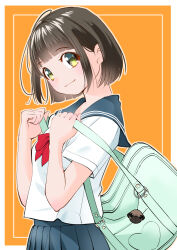 Rule 34 | 1girl, bag, black hair, blue sailor collar, blue skirt, bob cut, border, bow, bowtie, charm (object), commentary, english commentary, green eyes, looking at viewer, mixed-language commentary, orange background, original, outline, outside border, pleated skirt, red bow, red bowtie, sailor collar, school uniform, serafuku, shirt, short sleeves, skirt, smile, solo, white border, white outline, white shirt, yamanaka kouji (yanchiki2001)