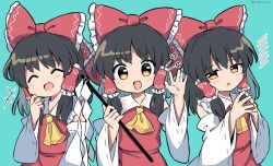 Rule 34 | 1girl, :o, aqua background, ascot, bare shoulders, black hair, blush, bow, brown eyes, brown hair, closed eyes, detached sleeves, frilled bow, frilled hair tubes, frilled shirt collar, frills, gohei, hair bow, hair tubes, hakurei reimu, hashtag-only commentary, highres, japanese clothes, large bow, long hair, looking at viewer, medium hair, miko, multiple persona, nontraditional miko, ofuda, oonusa, open mouth, ponytail, ramudia (lamyun), red bow, red shirt, red skirt, reimu day, ribbon-trimmed clothes, ribbon-trimmed collar, ribbon-trimmed sleeves, ribbon trim, sarashi, shirt, short hair, sidelocks, simple background, skirt, smile, touhou, twitter username, white sleeves, wide sleeves, yellow ascot, yellow eyes