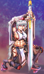 1girl abs adapted_costume animal_ears armpits arms_up black_thighhighs blush breast_curtain breasts brown_shorts detached_sleeves full_body geta greatsword grin hair_between_eyes hat highres inubashiri_momiji looking_at_viewer medium_breasts midriff muscular muscular_female nail_polish navel obliques on_one_knee pelvic_curtain pink_nails pom_pom_(clothes) red_eyes red_footwear short_hair shorts sideboob smile solo sword tail tengu-geta thighhighs tokin_hat touhou weapon white_hair wolf_ears wolf_tail zaraga_mu_genji
