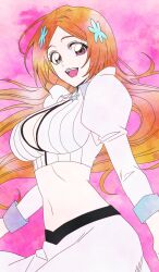Rule 34 | 1girl, absurdres, bleach, bleach: sennen kessen-hen, brown eyes, detached sleeves, hair ornament, hairpin, highres, inoue orihime, long sleeves, looking at viewer, midriff, n (nauki 11), navel, open mouth, orange hair, pink background, shirt, sidelocks, simple background, skirt, teeth, upper teeth only, white shirt, white skirt
