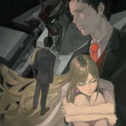 1boy 1girl absurdres black_hair black_jacket black_pants black_suit blonde_hair blue_eyes blush brown_eyes brown_shoes closed_mouth collared_shirt dress_pants dress_shirt earrings floating_hair formal_clothes gigi_andalusia gundam gundam_hathaway&#039;s_flash hashtag-only_commentary hathaway_noa highres hugging_own_legs jacket jewelry knees_up lipstick long_hair long_sleeves looking_to_the_side makeup mecha mobile_suit multiple_views necktie pants parted_hair pink_lips profile red_necktie robot science_fiction shirt shoes short_hair standing suit suit_jacket suxixixi333332 v-fin very_long_hair white_shirt xi_gundam