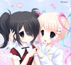 2000s_(style) 2girls ame-chan_(needy_girl_overdose) black_hair black_ribbon blonde_hair blue_bow blue_eyes blue_hair bow chouzetsusaikawa_tenshi-chan collared_shirt commentary dual_persona english_commentary hair_bow hair_ornament hair_over_one_eye heart highres jelly_(bonnybel) jirai_kei jitome long_hair long_sleeves looking_at_viewer multicolored_hair multiple_girls neck_ribbon needy_girl_overdose open_mouth pien_cat_(needy_girl_overdose) pill pink_bow pink_hair purple_bow quad_tails red_shirt ribbon sailor_collar school_uniform serafuku shirt smile sparkle suspenders twintails x_hair_ornament yami_kawaii