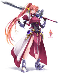 Rule 34 | 1girl, black gloves, boots, breasts, character name, closed mouth, commentary request, copyright name, dress, elbow gloves, fingerless gloves, full body, gloves, green eyes, hair ribbon, high ponytail, highres, holding, holding sword, holding weapon, laevatein (nanoha), large breasts, long hair, looking at viewer, lyrical nanoha, mahou shoujo lyrical nanoha, mahou shoujo lyrical nanoha a&#039;s, paid reward available, pelvic curtain, pink dress, pink hair, ponytail, puffy sleeves, ribbon, short sleeves, side slit, signum, simple background, solo, sougetsu izuki, standing, sword, thighs, very long hair, weapon, white background, yellow ribbon