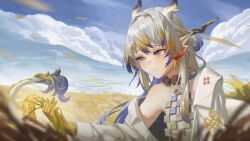 1girl absurdres arknights bare_shoulders bead_necklace beads blonde_hair blush breasts brooch closed_mouth cloud cloudy_sky dragon_girl dragon_horns dragon_tail earrings eastern_dragon_horns eastern_dragon_tail green_eyes hair_between_eyes highres horns jewelry long_hair medium_breasts necklace pointy_ears rice_paddy shu_(arknights) sky smile solo tail tassel tassel_earrings tekukooo