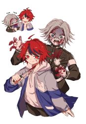 Rule 34 | 2boys, ahoge, aotsuki eito, biting another&#039;s arm, biting arm, black hair, black pants, black shirt, blood, blood from forehead, blood from mouth, blood on arm, blood on clothes, blood on face, blood on hands, bloody knife, bloody tears, bloody weapon, blue eyes, blue jacket, chibi, chibi inset, closed mouth, glasses, gloves, grey jacket, hand up, highres, holding, holding knife, holding weapon, hood, hoodie, jacket, knife, last defense academy school uniform, long sleeves, looking at viewer, male focus, messy hair, multicolored hair, multicolored jacket, multiple boys, open mouth, outstretched arms, pants, parted hair, red eyes, red hair, shirt, simple background, smile, sumino takumi, takumi-g (hundred line), teeth, the hundred line -last defense academy-, upper body, weapon, white background, white gloves, white hair, white hoodie, zombie, zombie pose