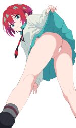 1girl absurdres amate_yuzuriha ass censored clothes_lift commentary_request gundam gundam_gquuuuuux highres kneepits lifting_own_clothes looking_at_viewer no_panties pussy red_hair school_uniform scribble_censor short_hair skirt skirt_lift solo thighs watti3600 white_background