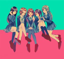 Rule 34 | 5girls, :d, akiyama mio, ankle socks, aqua background, arm around shoulder, black eyes, black hair, blazer, blonde hair, blue eyes, brown hair, brown shoes, collared shirt, crossed legs, hair ornament, hairband, hairclip, hand on another&#039;s shoulder, hands on own knees, hands on own legs, hirasawa yui, jacket, k-on!, kneehighs, knees up, kotobuki tsumugi, leaning on person, long hair, looking at viewer, medium hair, multiple girls, nakano azusa, neck ribbon, open clothes, open jacket, open mouth, pantyhose, pink background, pleated skirt, popped collar, red eyes, ribbon, sakuragaoka high school uniform, school uniform, sharp911, shirt, shoe soles, shoes, short hair, sitting, skirt, smile, socks, tainaka ritsu, twintails, two-tone background