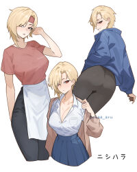 1girl apron ass black_pants black_pantyhose blonde_hair blue_jacket blue_skirt breast_pocket breasts brown_coat cleavage closed_mouth coat collarbone collared_shirt headband highres jacket large_breasts looking_at_viewer nokaa_aru original pants pantyhose parted_lips pleated_skirt pocket red_eyes red_headband red_shirt shirt short_hair skirt solo translated white_apron white_shirt