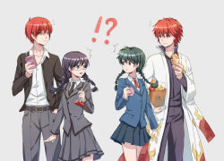 Rule 34 | !?, 10s, 2boys, 2girls, ^^^, akabane karma, ansatsu kyoushitsu, apple, arm at side, bag, belt, black eyes, black hair, black jacket, black necktie, black pants, blazer, blue jacket, blue skirt, braid, bread, breasts, carrying, carrying under arm, cat princess, closed mouth, collared shirt, cowboy shot, crossover, dress shirt, erlenmeyer flask, eye contact, eyebrows, flask, food, frown, fruit, glasses, green hair, grey background, grey jacket, grey pants, grey skirt, gym uniform, hair between eyes, hand in pocket, handbag, haori, holding, holding food, jacket, japanese clothes, juice box, kyoukai no rinne, long hair, long sleeves, look-alike, looking at another, looking back, mamiya sakura, miniskirt, multiple boys, multiple girls, neck ribbon, necktie, okuda manami, pants, pleated skirt, popped collar, red eyes, red hair, red ribbon, ribbon, rokudou rinne, school uniform, shirt, simple background, skirt, small breasts, standing, surprised, trait connection, twin braids, twintails, white shirt, wide sleeves, wrapper, yellow eyes