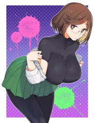 1girl black_pantyhose black_undershirt border breasts bright_pupils brown_eyes brown_hair commentary_request cowboy_shot expressionless glasses green_skirt highres koga_konoha large_breasts leaning_forward looking_at_viewer madsensei ninja_to_koroshiya_no_futarigurashi outside_border pantyhose pleated_skirt purple_background school_uniform shirt short_hair skirt solo tight_clothes tight_shirt undressing white_border white_pupils white_shirt