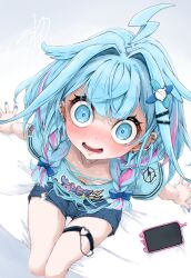 1girl ahoge blue_eyes blue_hair blue_shirt blush braid cellphone commentary_request downblouse ear_piercing flat_chest from_above hair_ornament heart heart_o-ring highres hololive hololive_dev_is kuuneru514 lightning_ahoge looking_at_viewer looking_up mizumiya_su multicolored_hair o-ring o-ring_thigh_strap open_mouth phone piercing pink_streaks shirt signature sitting smartphone solo streaked_hair sweat thigh_strap thighs torn_clothes torn_shirt twin_braids virtual_youtuber wide-eyed