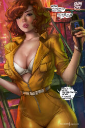 1girl absurdres april_o&#039;neil artist_name belt bodysuit bra breasts brown_eyes brown_hair collarbone deviantart_username english_text highres holding holding_microphone logan_cure microphone parted_lips partially_unzipped short_hair solo spandex speech_bubble teenage_mutant_ninja_turtles teenage_mutant_ninja_turtles_(1987) twitter_username underwear white_belt white_bra zipper zipper_pull_tab