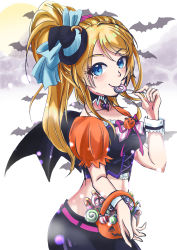 1girl absurdres aqua_bow artist_request ayase_eli basket bat_(animal) bat_background bat_wings belt black_detached_collar black_dress black_hat black_pants black_shorts black_wings blonde_hair blue_eyes blush bow breasts candy cleavage collarbone cross-laced_clothes cross-laced_dress detached_collar dress female_focus food frilled_dress frills garter_straps hair_between_eyes hair_ornament hair_scrunchie hanoke_chen hat highres holding holding_basket holding_candy holding_food jack-o&#039;-lantern long_hair looking_at_viewer love_live! love_live!_school_idol_festival love_live!_school_idol_project midriff mini_hat moon_print navel pants parted_lips pink_belt pink_ribbon pink_scrunchie ponytail puffy_short_sleeves puffy_sleeves pumpkin_print ribbon scrunchie short_sleeves shorts small_breasts smile solo which_hat white_background white_bow wings